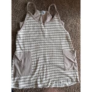 Bucket List Striped Sleeveless Romper Tan White Pockets Size Large L Beach Boho